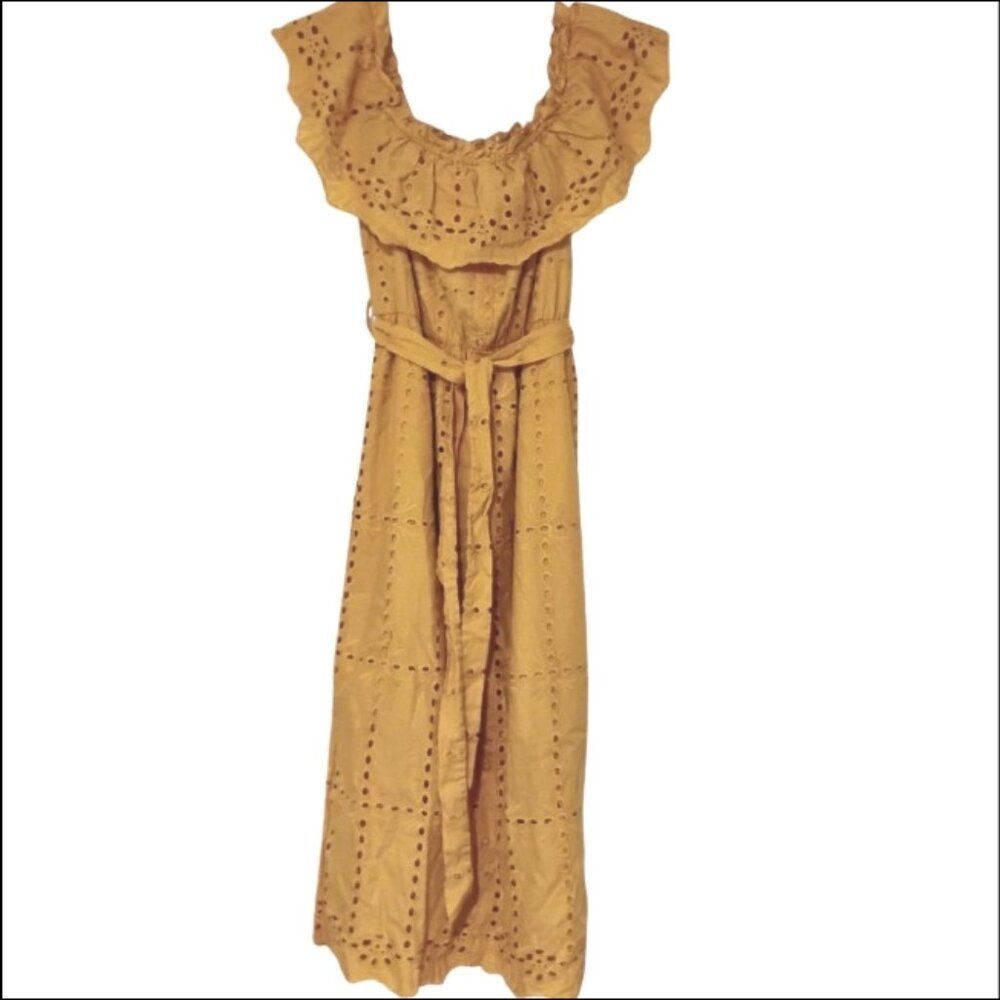 Simplee Dress Mustard Cotton Off Shoulder Ruffle Eyelet Cottage Prairie Peasant - Picture 7 of 14